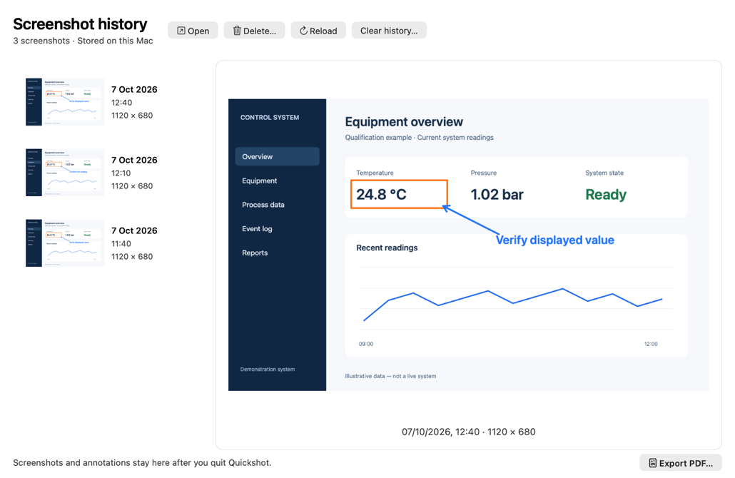 Quickshot history with three generated screenshots, thumbnails, a selected preview, Open and Export PDF actions.